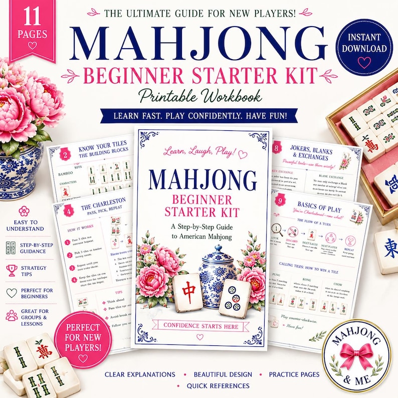 May include: A Mahjong beginner starter kit printable workbook featuring 11 pages of step-by-step guides, tile explanations, and strategy tips. The cover displays pink peonies, a blue and white ginger jar, and Mahjong tiles with red and blue text.