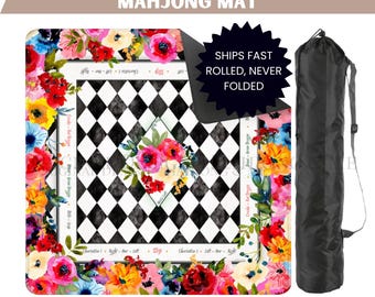 Black & White Floral Checkered Mahjong Mat |  American Mahjong Mat | Luxury Gift