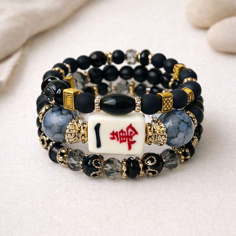 Mahjong Beaded Bracelet Set – Stack of 3 Stretch Bracelets. Multiple colors. Great Mahjong jewelry gift! Black with Gold