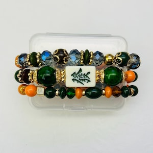 Mahjong Beaded Bracelet Set – Stack of 3 Stretch Bracelets. Multiple colors. Great Mahjong jewelry gift! Dark Green & Orange