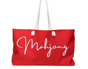 May include: Red canvas tote bag with white rope handles and the word "Mahjong" written in white cursive script.
