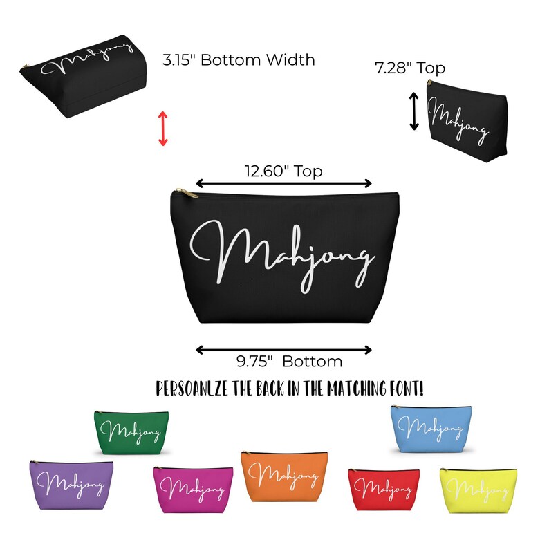Puede incluir: Bolsa negra con cremallera con la palabra "Mahjong" en escritura blanca. La bolsa mide 32 cm en la parte superior, 24,77 cm en la inferior y 8 cm de ancho en la inferior. Se muestran varias bolsas coloridas a continuaci&oacute;n.