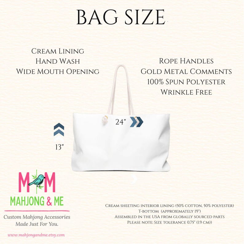 May include: A white tote bag with rope handles and gold metal accents. Text indicates a 24-inch width, 13-inch height, and 19-inch T-bottom. Features include cream lining, hand wash care, wide mouth opening, and 100% spun polyester material.