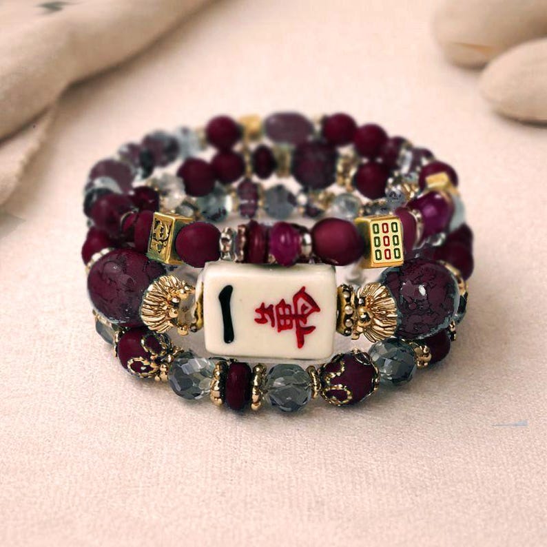 Mahjong Beaded Bracelet Set – Stack of 3 Stretch Bracelets. Multiple colors. Great Mahjong jewelry gift! Deep Purple