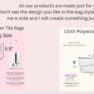 May include: Image showcasing PU leather and cloth polyester tile bags. The PU leather bags are 10.2" x 5.9" and 4.7". The cloth polyester bag is 12.6" x 9.75" x 3.15". The image includes text about custom designs and care instructions.