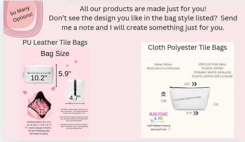 May include: Image showcasing PU leather and cloth polyester tile bags. The PU leather bags are 10.2" x 5.9" and 4.7". The cloth polyester bag is 12.6" x 9.75" x 3.15". The image includes text about custom designs and care instructions.