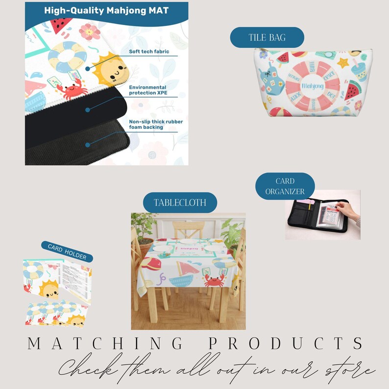 May include: A collection of Mahjong accessories, including a mat, tile bag, tablecloth, card holder, and card organizer. The mat features a colorful design with a sun, crab, and other summer-themed graphics. The text "High-Quality Mahjong MAT" is visible.