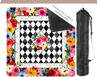 Black Checkered and Floral Mahjong Mat, Unique Mahjong Mat with Charleston Instructions