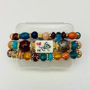 Mahjong Beaded Bracelet Set – Stack of 3 Stretch Bracelets. Multiple colors. Great Mahjong jewelry gift! Jewel Tones Multi
