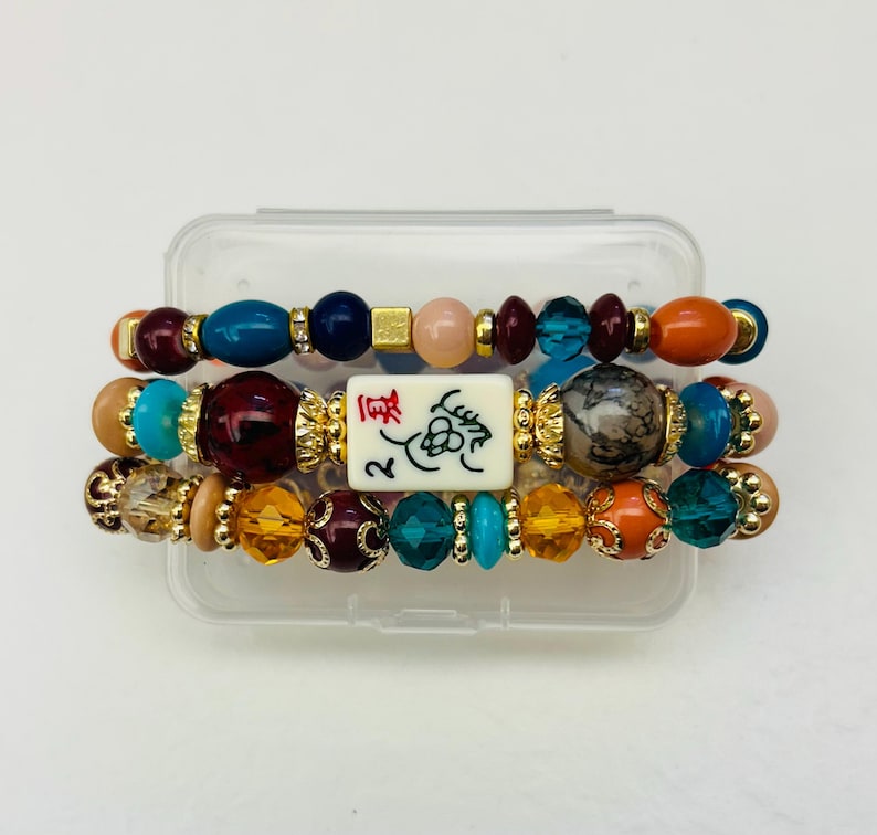 Mahjong Beaded Bracelet Set – Stack of 3 Stretch Bracelets. Multiple colors. Great Mahjong jewelry gift! Jewel Tones Multi