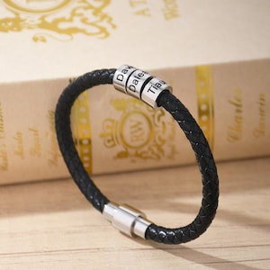 Personalized Men&#39;s Beaded Bracelet, Engraved Kids Name Bracelet, Family Name Bracelet, Birthday Gift for Husband Boyfriend, Christmas Gift