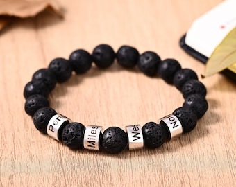 Custom Black Volcanic Lava Stone Bracelet, Engraved 1-6 Family Name Bracelet, Crystal Healing Gemstone Round Beaded for Men, Gift for Him