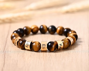 Engraved Tiger Eye Stone Bracelet, Custom Name Beads Bracelet for Men, Stretch Tiger Eyes Protection Bracelet, Valentines Gift for Him