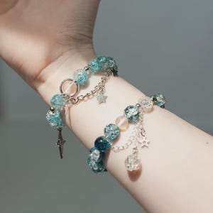 Matching Celestial Bracelet Set, Crackle Glass Stardust Beads, Best Friend Couple Star Charm, Y2K Galaxy Jewelry