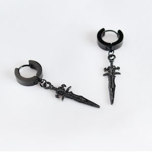 Black Sword Earrings, Gothic Dagger Earrings, Fantasy Gamer Jewelry, Black Huggie Hoop Earrings, Alternative Gift for Him or Her