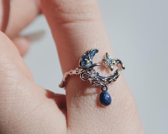 Celestial Moon Star Ring, Blue Crystal, Adjustable Silver-Tone Brass, Fairycore Boho Style