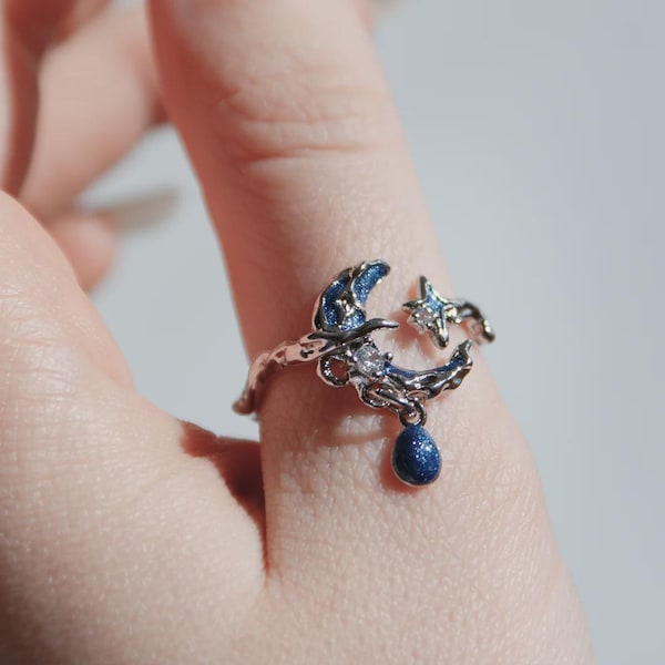 Silver Celestial Moon Star Ring, Blue Enamel Teardrop, Adjustable Crescent Open Band, Witchy Dainty Boho Jewelry