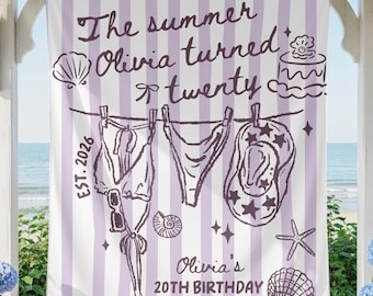 Pancarta personalizada de cumpleaños número 20 con temática playera, decoración de pared para fiesta de los años veinte "Brindis en la Costa", tapiz de cumpleaños de vaquera costera