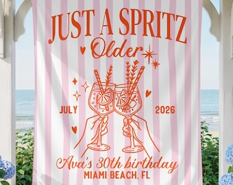 Pancarta de cumpleaños "Just a Spritz Older", decoración temática de cumpleaños "Spritz", pancarta de cumpleaños número 30, tapiz de fiesta "Spritz", telón de fondo de cumpleaños personalizado