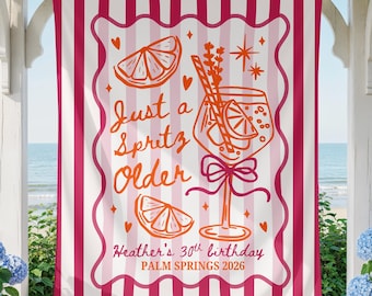 Tapiz para fiesta de cumpleaños "Just a Spritz" para mayores, pancarta de cumpleaños "Spritz" rosa y naranja, decoración para el 30 cumpleaños, telón de fondo personalizado para cumpleaños de 30, 40 y 50 años.