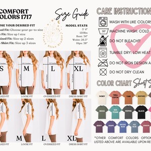 May include: A size chart for t-shirts with different fit options: relaxed, loose, oversized, and dress shirt. The chart shows the measurements in inches for each size: S, M, L, and XL. The chart also includes a color chart with various colors for the t-shirts, including ivory, terra cotta, yam, mustard, espresso, moss, sea foam, pepper, black, crunch berry, berry, grape, mystic blue, ice blue, crimson, and chili.