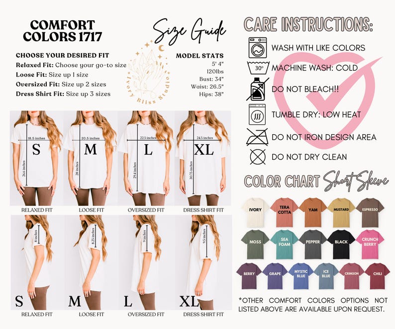 May include: A size chart for t-shirts with different fit options: relaxed, loose, oversized, and dress shirt. The chart shows the measurements in inches for each size: S, M, L, and XL. The chart also includes a color chart with various colors for the t-shirts, including ivory, terra cotta, yam, mustard, espresso, moss, sea foam, pepper, black, crunch berry, berry, grape, mystic blue, ice blue, crimson, and chili.