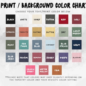 May include: A color chart with a variety of color swatches, including black, white, red, and blue. The text "PRINT / BACKGROUND COLOR CHART" is at the top. The chart includes color names like "Berry" and "Watermelon".