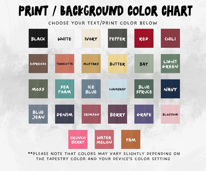 May include: A color chart with a variety of color swatches, including black, white, red, and blue. The text "PRINT / BACKGROUND COLOR CHART" is at the top. The chart includes color names like "Berry" and "Watermelon".