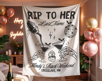 Descanse en paz, su apellido, tapiz de despedida de soltera, fondo personalizado para despedida de soltera, decoración de fin de semana de despedida de soltera espeluznante