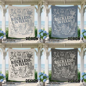 May include: Four rectangular banners with a Texas theme, each featuring the text "RECKLESS IN TEXAS" and various illustrations like a cowboy hat, cactus, and guitar. The banners have different color schemes, including blue, ivory, and black prints.