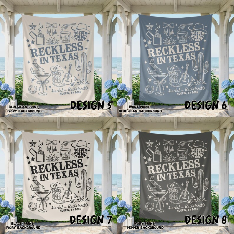 May include: Four rectangular banners with a Texas theme, each featuring the text "RECKLESS IN TEXAS" and various illustrations like a cowboy hat, cactus, and guitar. The banners have different color schemes, including blue, ivory, and black prints.