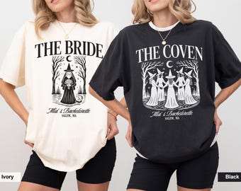The Bride and The Coven Bachelorette Shirts, Witchy Salem Bachelorette Party Tee, Spooky Bride Shirt, Halloween Witch Theme Party Outfit