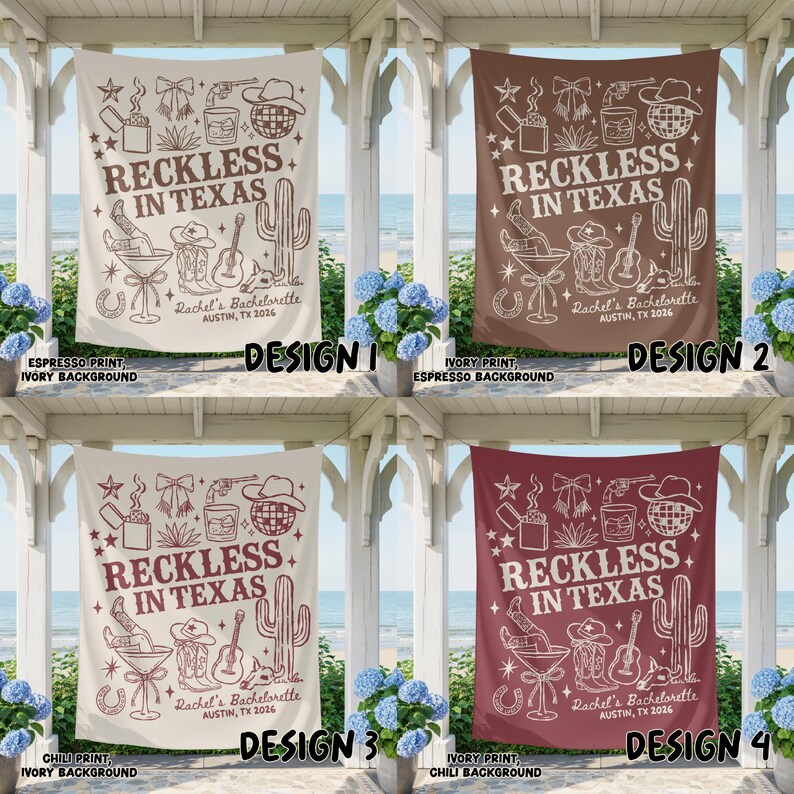May include: Four fabric banners with a western theme, each featuring the text "Reckless in Texas" and various illustrations like a cowboy hat, cactus, and guitar. The banners are in different color schemes, including espresso, ivory, and chili prints.
