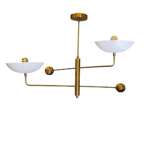May include: A modern brass chandelier with two white bowl-shaped shades. The fixture has a central vertical rod with horizontal arms extending to the shades and decorative spheres. The design is minimalist and elegant.
