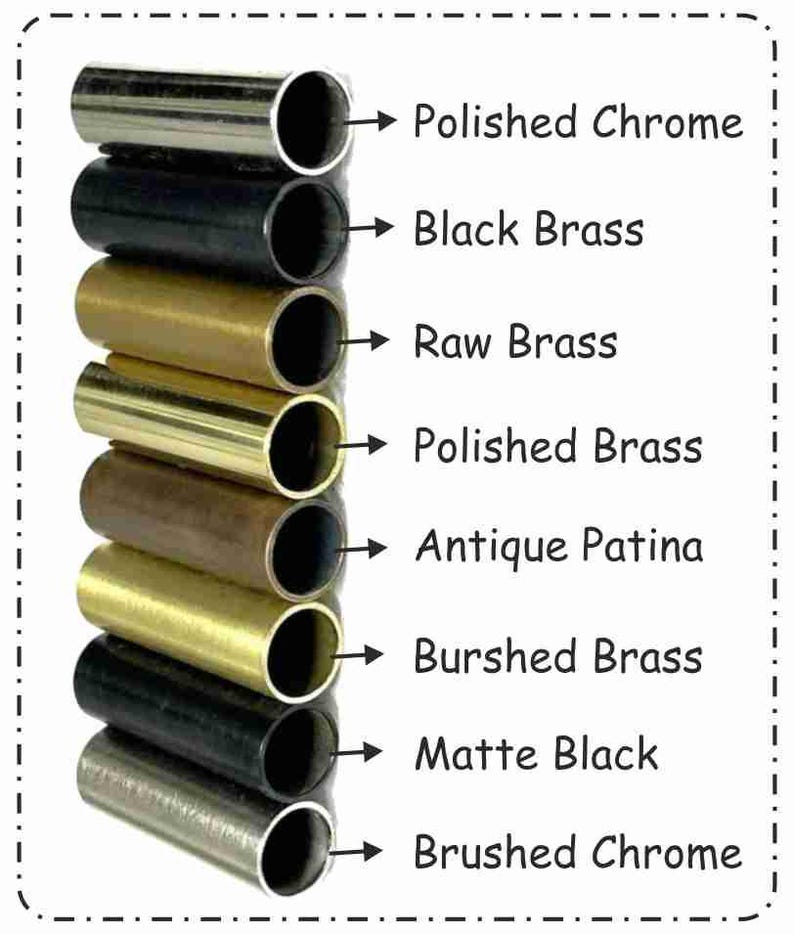 May include: A selection of cylindrical metal tubes in different finishes, such as polished chrome, black brass, and brushed chrome. Each tube has a label indicating its finish.