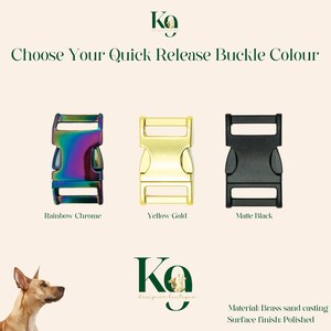 Peut inclure: Trois boucles à dégagement rapide de couleurs différentes : chrome arc-en-ciel, or jaune et noir mat. Le texte « Choose Your Quick Release Buckle Colour » est au-dessus des boucles. Le texte « Ko » est en haut de l’image. Le texte « Material: Brass sand casting » et « Surface finish: Polished » est en bas de l’image.