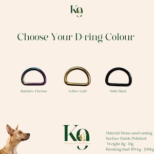 May include: Three D-rings in different colors: rainbow chrome, yellow gold, and matte black. The text "Choose Your D-ring Colour" is above the rings. The text "Ko designer boutique" is below the rings.