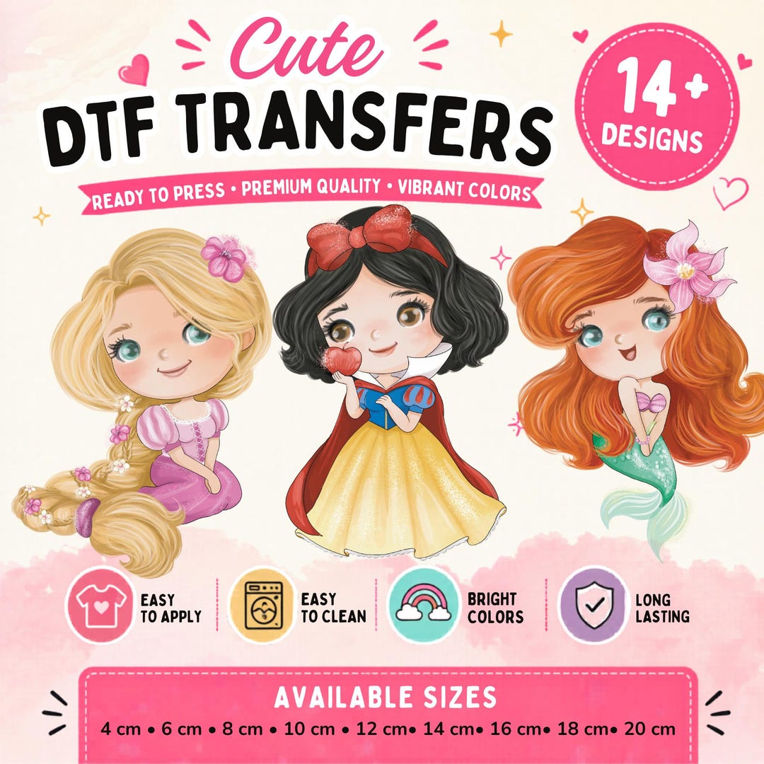 Princess DTF Transfer Bundle, Cute Kawaii Iron on Transfer for Kids ...