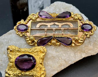Victorian Gilded Amethyst Glass Brooches: Sash Pin Buckle  display picture 3