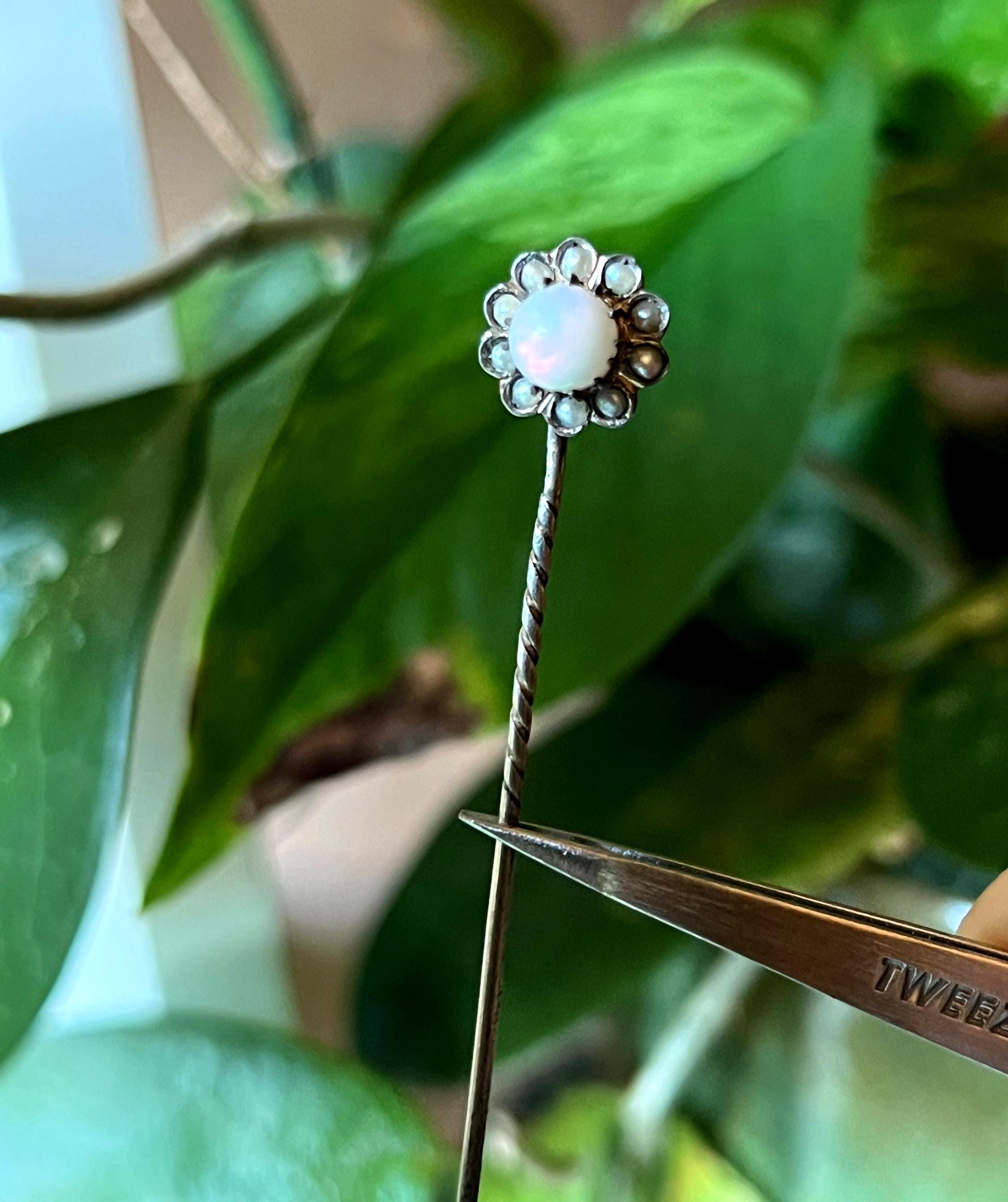 Silver (vermeil), white opal and seed pearls stick pin