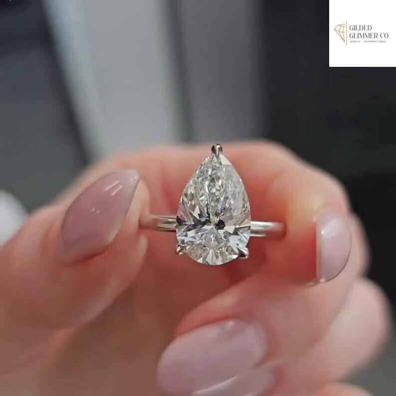 4 CT Pear Cut Moissanite Engagement Ring: Hidden Halo, Teardrop Solitaire