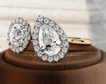 2 Carat Toi et Moi Halo Pear and Round Moissanite Ring | Two Tone | Toi et Moi Lab Created Diamond Ring | Two Stone Halo Diamond Ring
