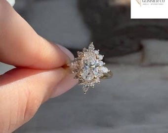 Oval Cut Sunburst Moissanite Ring, Oval Moissanite Halo Starburst Ring, Art Deco Bridal Ring, Vintage Cathedral Setting Gold Engagement Ring