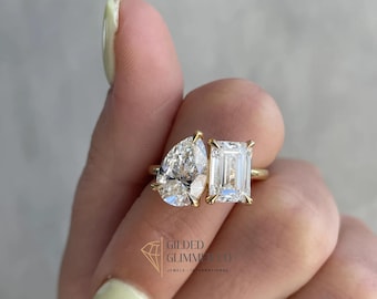 4.00 CT Lab Diamond Toi Et Moi Ring: 14K Gold Pear & Emerald Cut