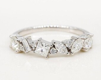 1.35 CT Multi Stone Wedding Band | Marquise Round | Princess & Baguette Cut Band Stacking Ring | 14k Solid White Gold Moissanite Band Pear
