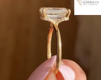 Vintage 3 Carat Emerald Cut Moissanite Ring: Yellow Gold Hidden Halo