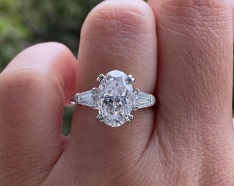 2.95 CT Elongated Cushion Cut Moissanite Trilogy | 14k Solid White Gold Ring | Anniversary Gift | Tapered Baguette Cut Sides | Wedding Ring
