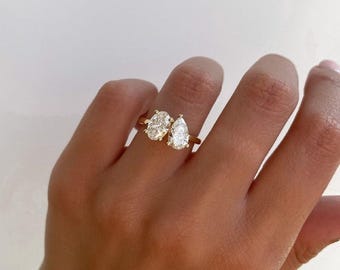 14k Solid Gold Toi Et Moi Engagement Ring | Pear and Oval Cut Moissanite Two Stone Ring | Double Stone Ring | Anniversary Ring For Wife