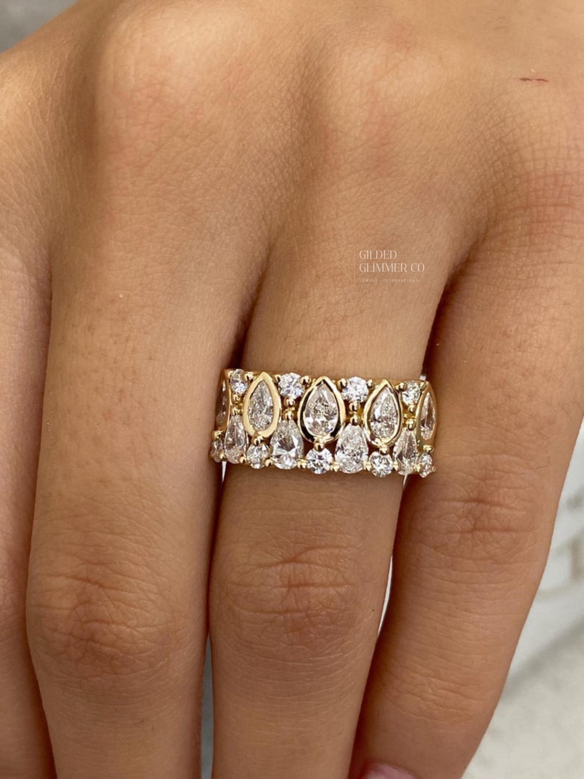 Pear Moissanite Halo Ring: 14k Yellow Gold Wide Band