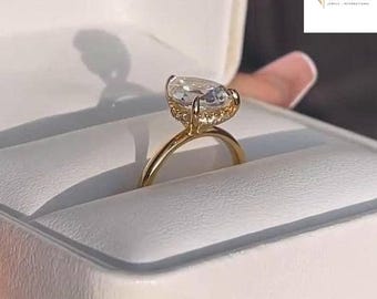 Teardrop Moissanite Engagement Ring: 14k Yellow Gold Hidden Halo